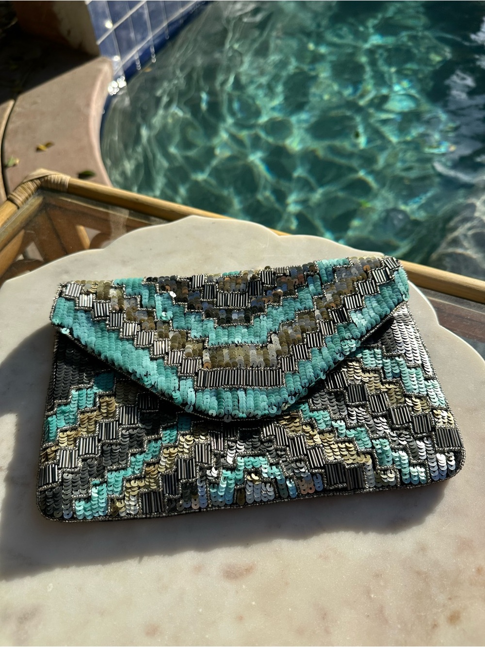 Beaded Chevron Clutch in Aqua, Black & Gold